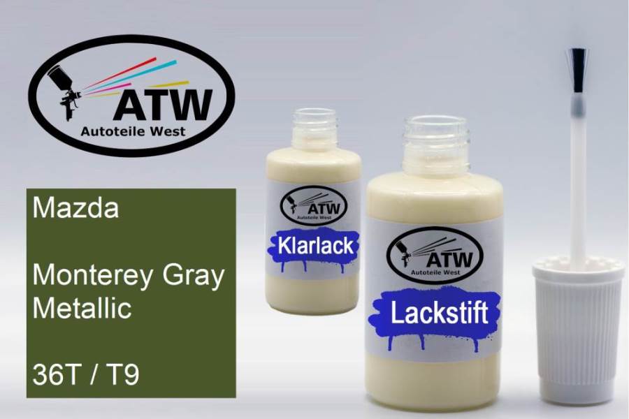 Mazda, Monterey Gray Metallic, 36T / T9: 20ml Lackstift + 20ml Klarlack - Set, von ATW Autoteile West.